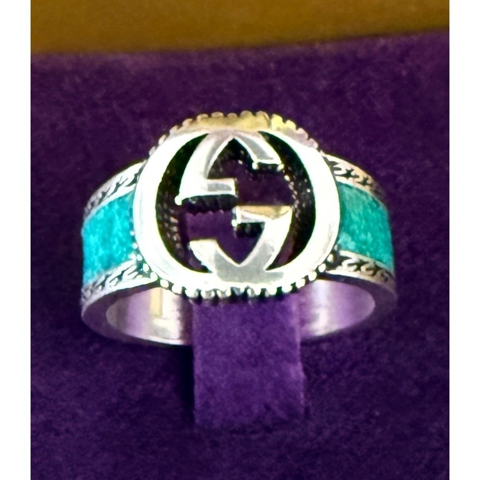 Gucci 645572 Interlocking Gg Blue Enamel And Silver Ring, Sz 17